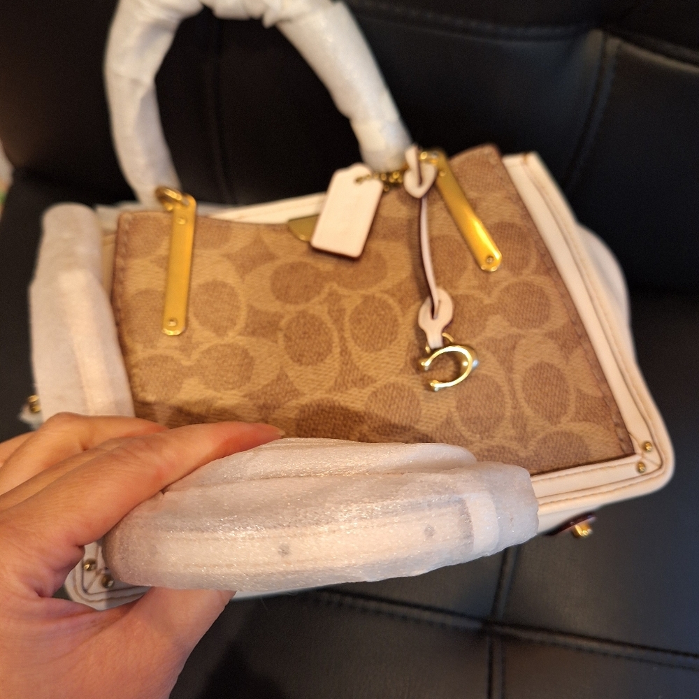 Coach Brown Signature Canvas Satchel with Cream Trim and Gold Hardware - Picture 5 of 11